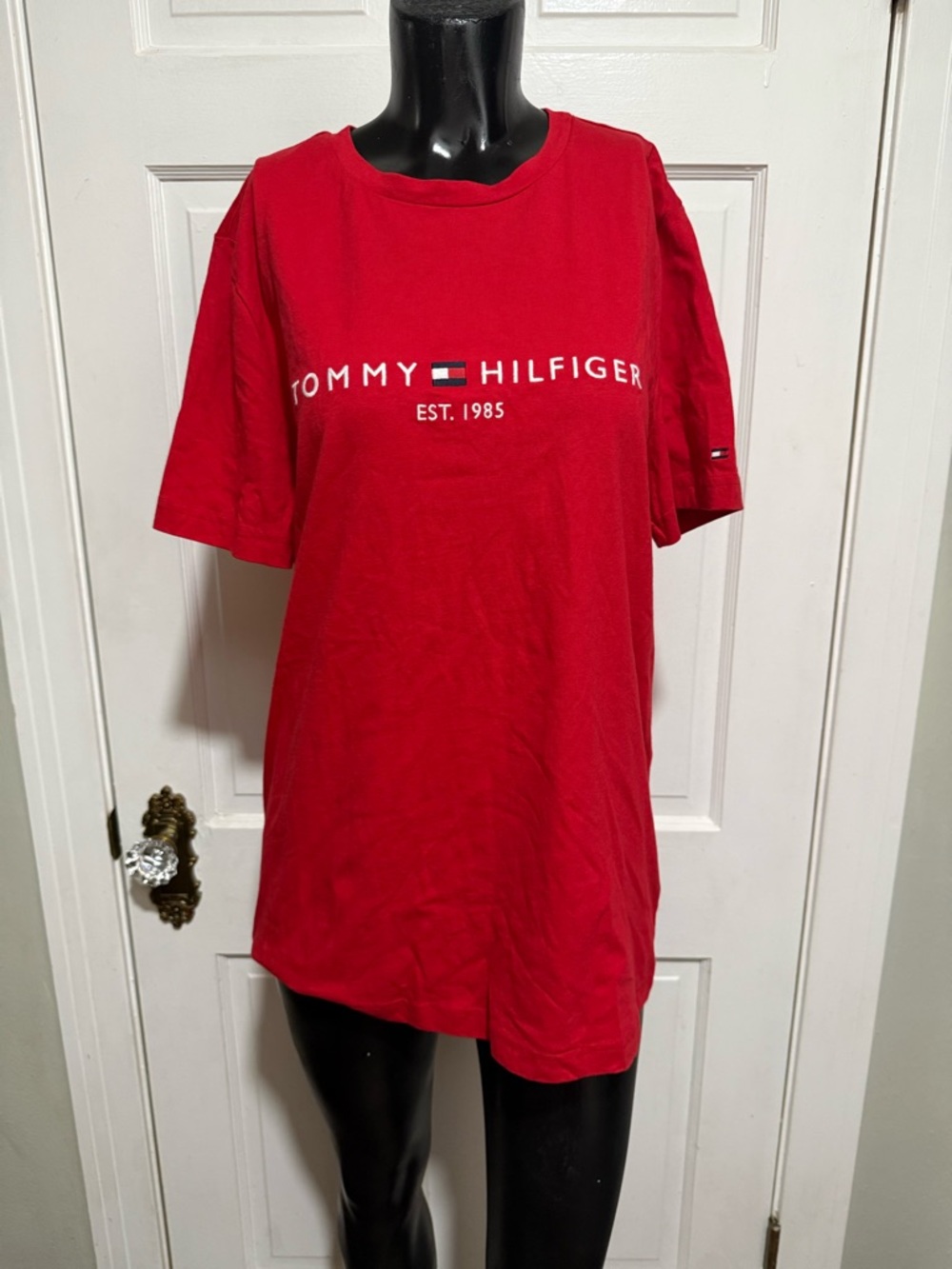 New Womens Tommy Hilfiger Embroidered Short Sleeve Shirt Logo Red Large Slim Fit
